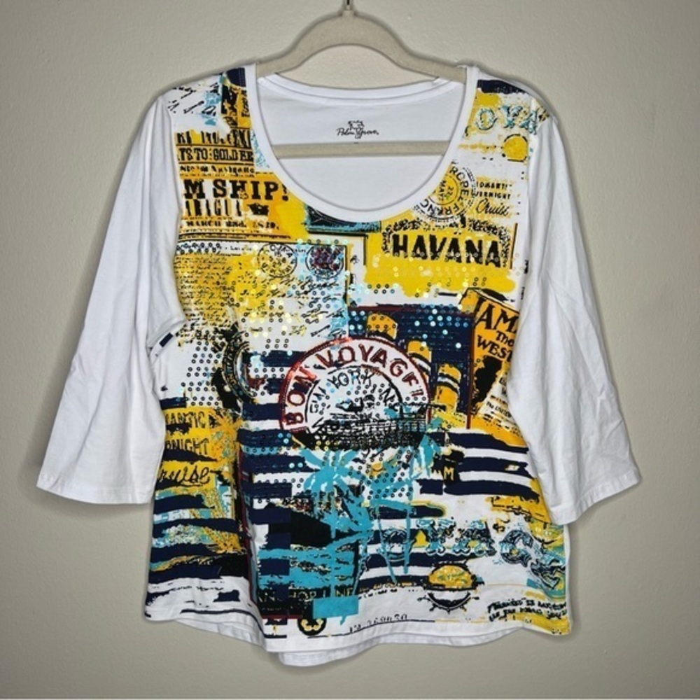 Palm Grove Bon Voyage Sequin Graphic Scoop‎ Neck 3/4 Sleeve Tee